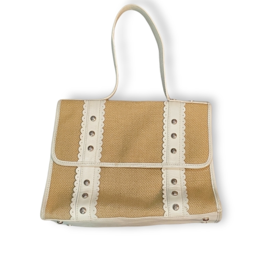 Kate Landry Vintage Tan & Brown Shoulder Purse Burlap like Weave w Leather Trim